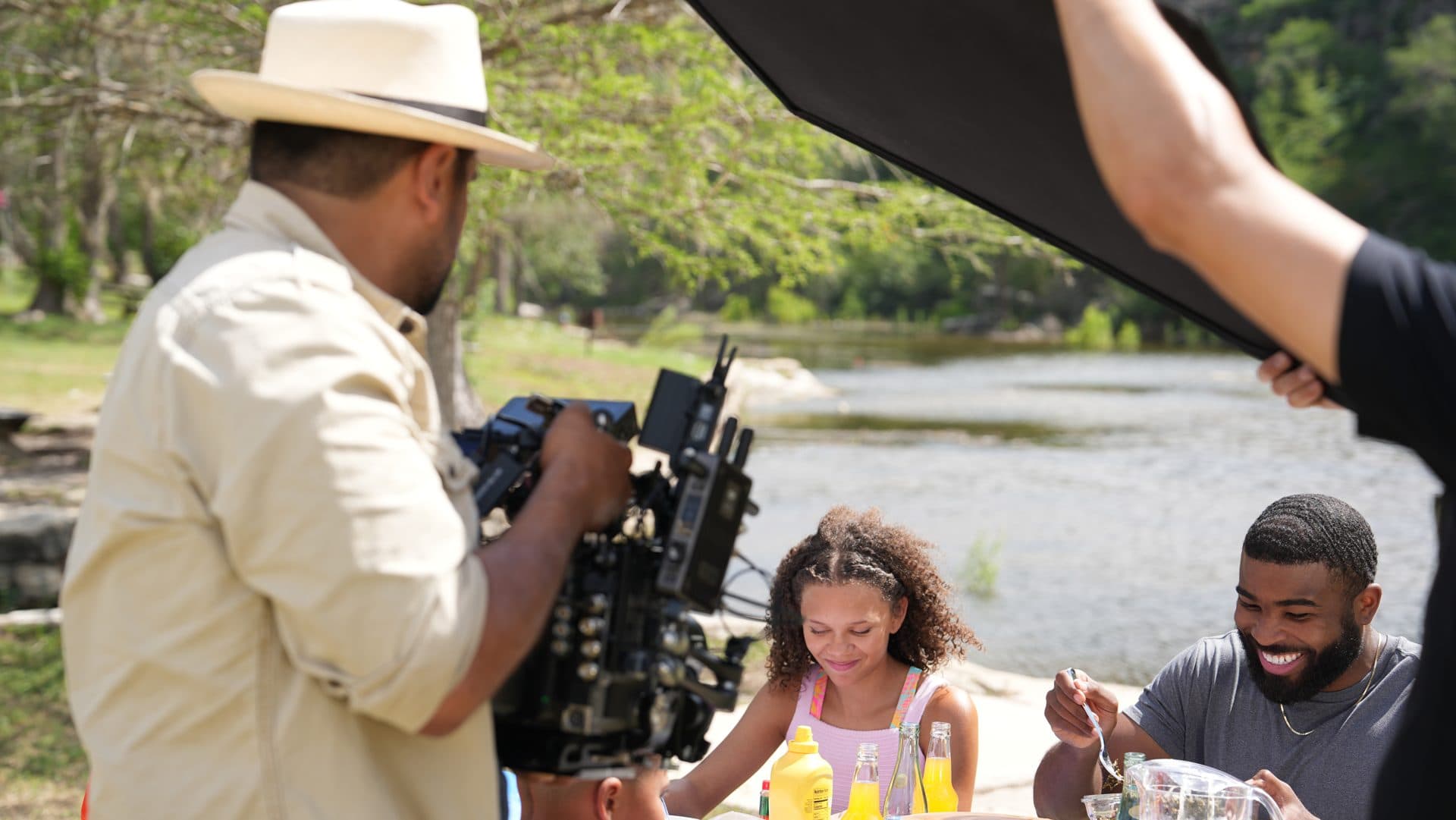 Media Bar Productions filming the RBFCU Go Beyond Banking commercial campaign beside a Texas river